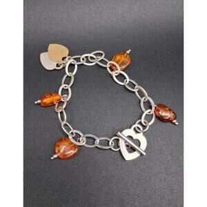 Vintage Baltic Amber Charm Bracelet, Signed, Size 6.75, Sterling Silver